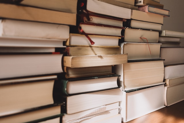 stacks of books showing the ends of books